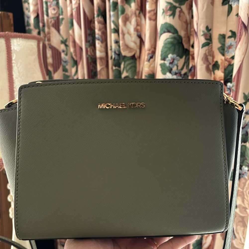 Michael Kors Dark Green Leather Mini Selma Crossbody Bag